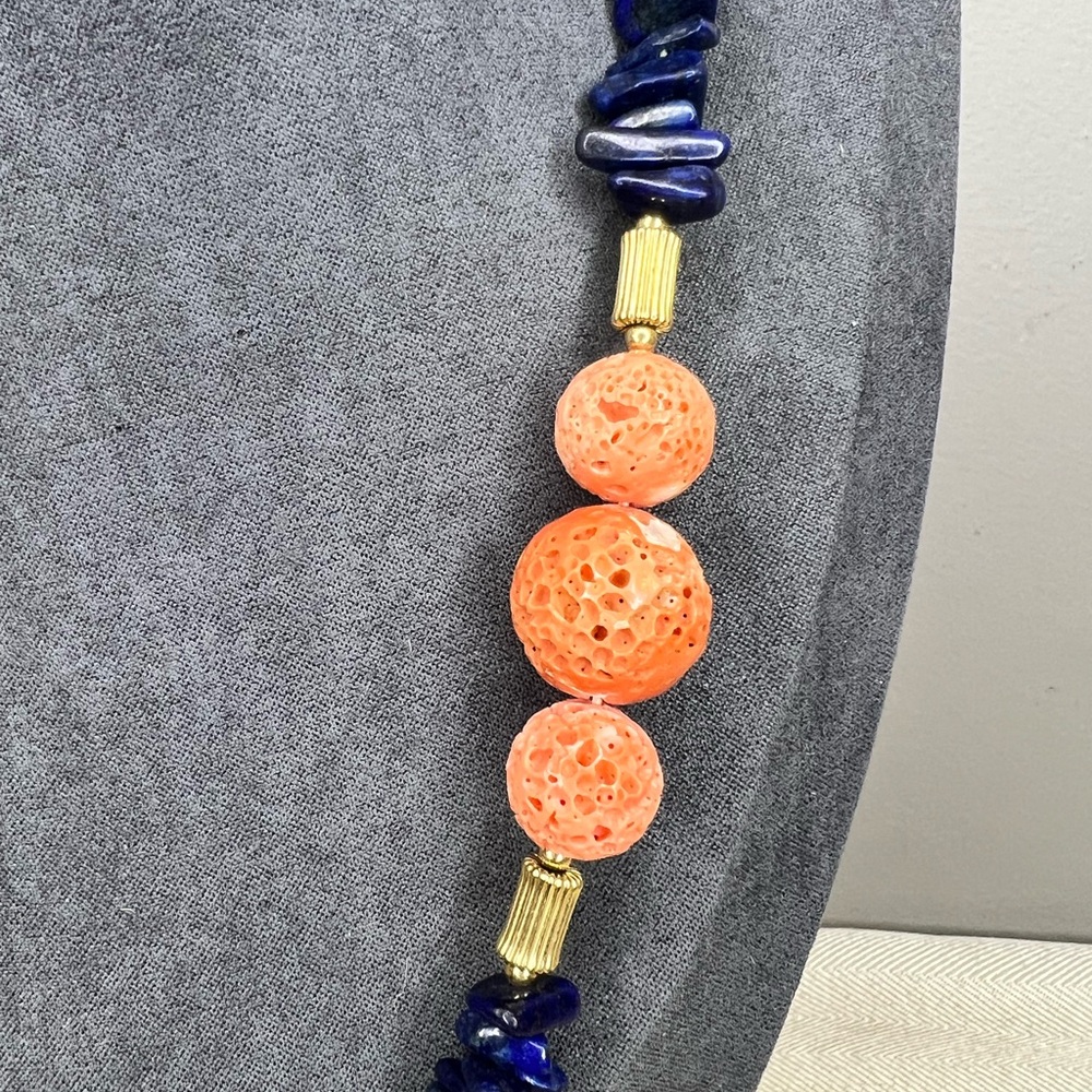 Lapis Lazuli Blue & Orange Sponge Coral Floral Cloisonné Pendant MJ Necklace - Picture 4 of 14
